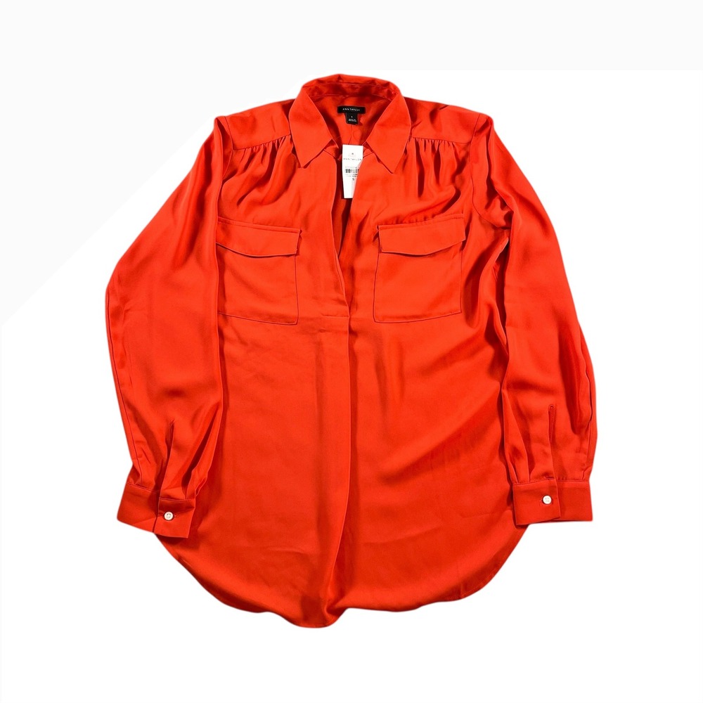Ann Taylor Womens Orange Long Sleeve V-Neck Collared Blouse Camp Shirt Sz S NWT